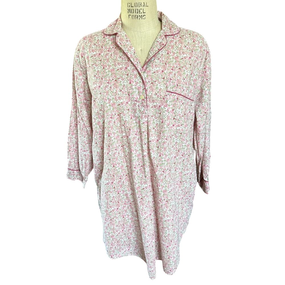 Bonsoir Cotton Poplin Pink Floral Print Night Shirt Size Small